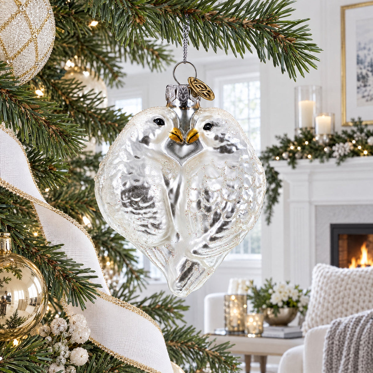 Romantic Two Doves in Heart Glass Christmas Ornament