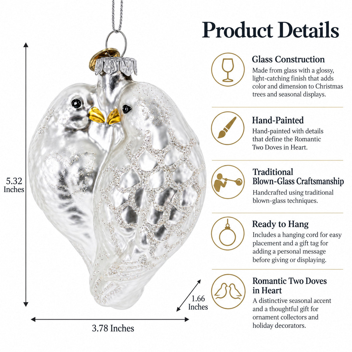 Romantic Two Doves in Heart Glass Christmas Ornament