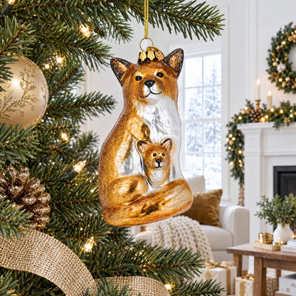 Mother and Baby Fox Glass Christmas Ornament