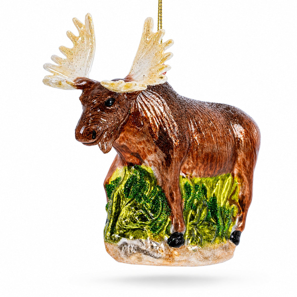 Moose on Green Woodland Glass Christmas Ornament