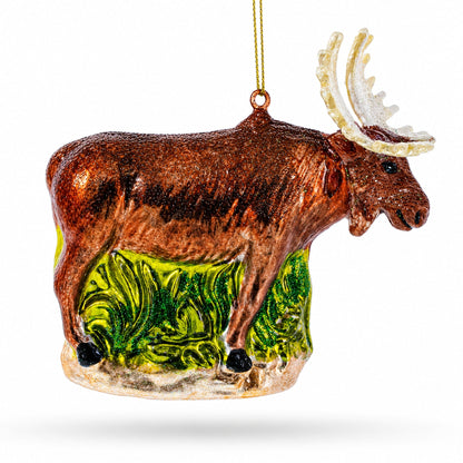 Moose on Green Woodland Glass Christmas Ornament