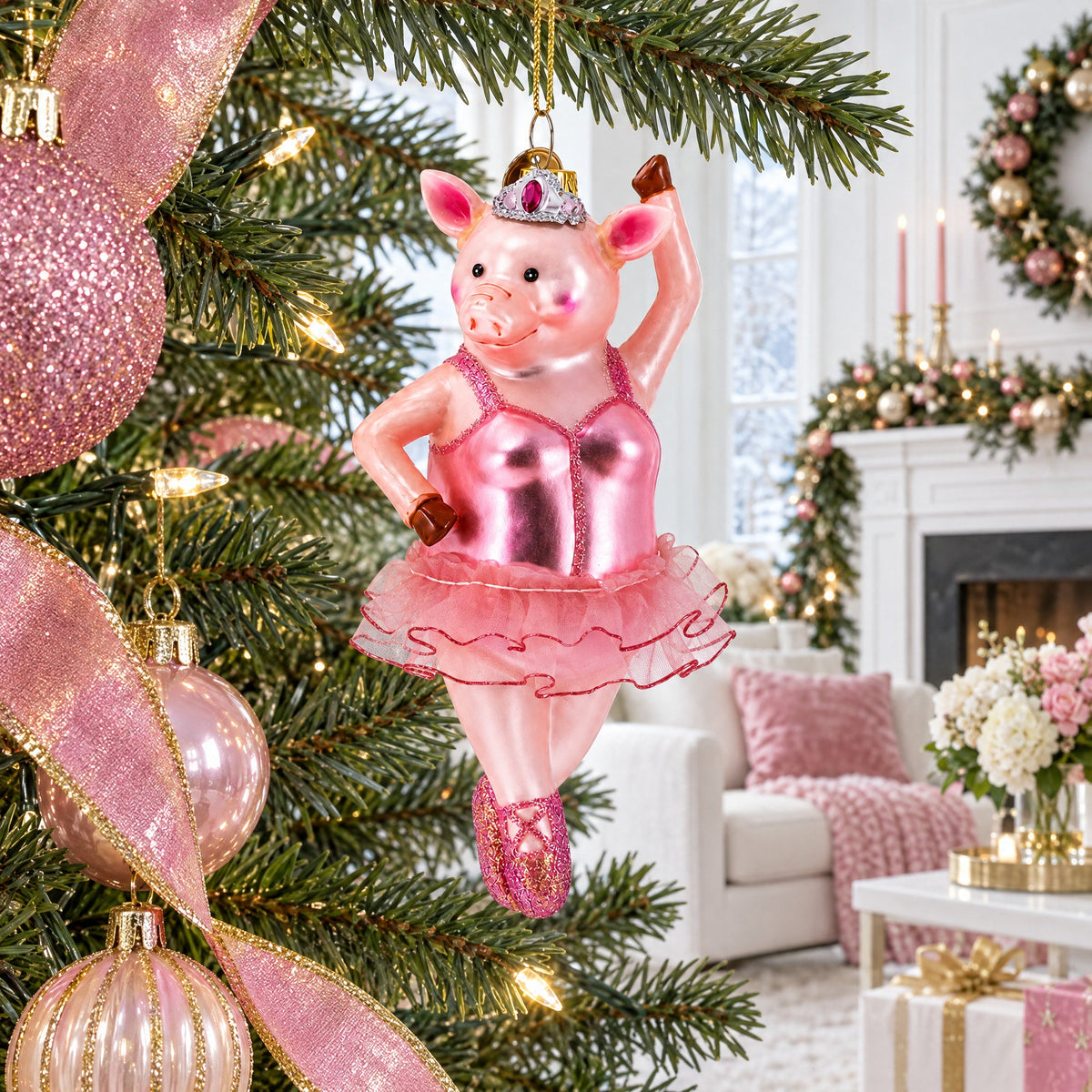 Ballerina Pig Glass Christmas Ornament