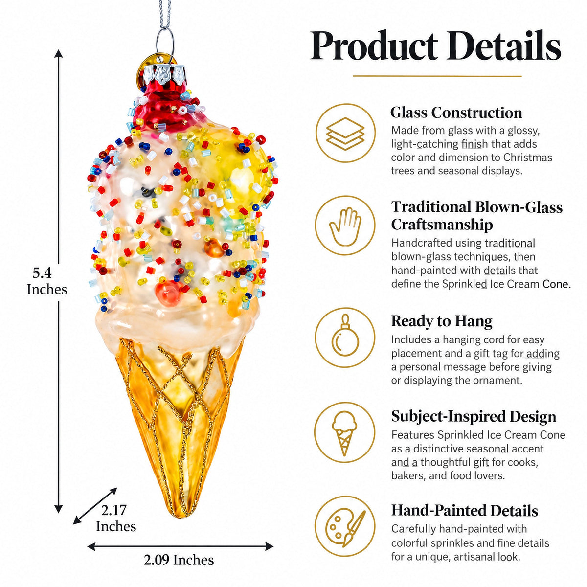 Sprinkled Ice Cream Cone Glass Christmas Ornament