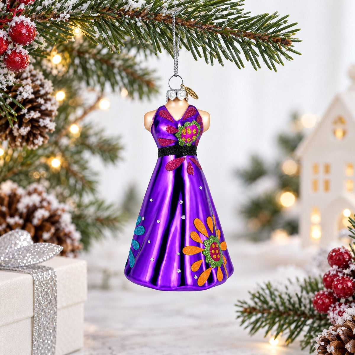 Elegant Purple Dress Glass Christmas Ornament