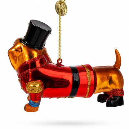 Dachshund Dog in Hat Glass Christmas Ornament