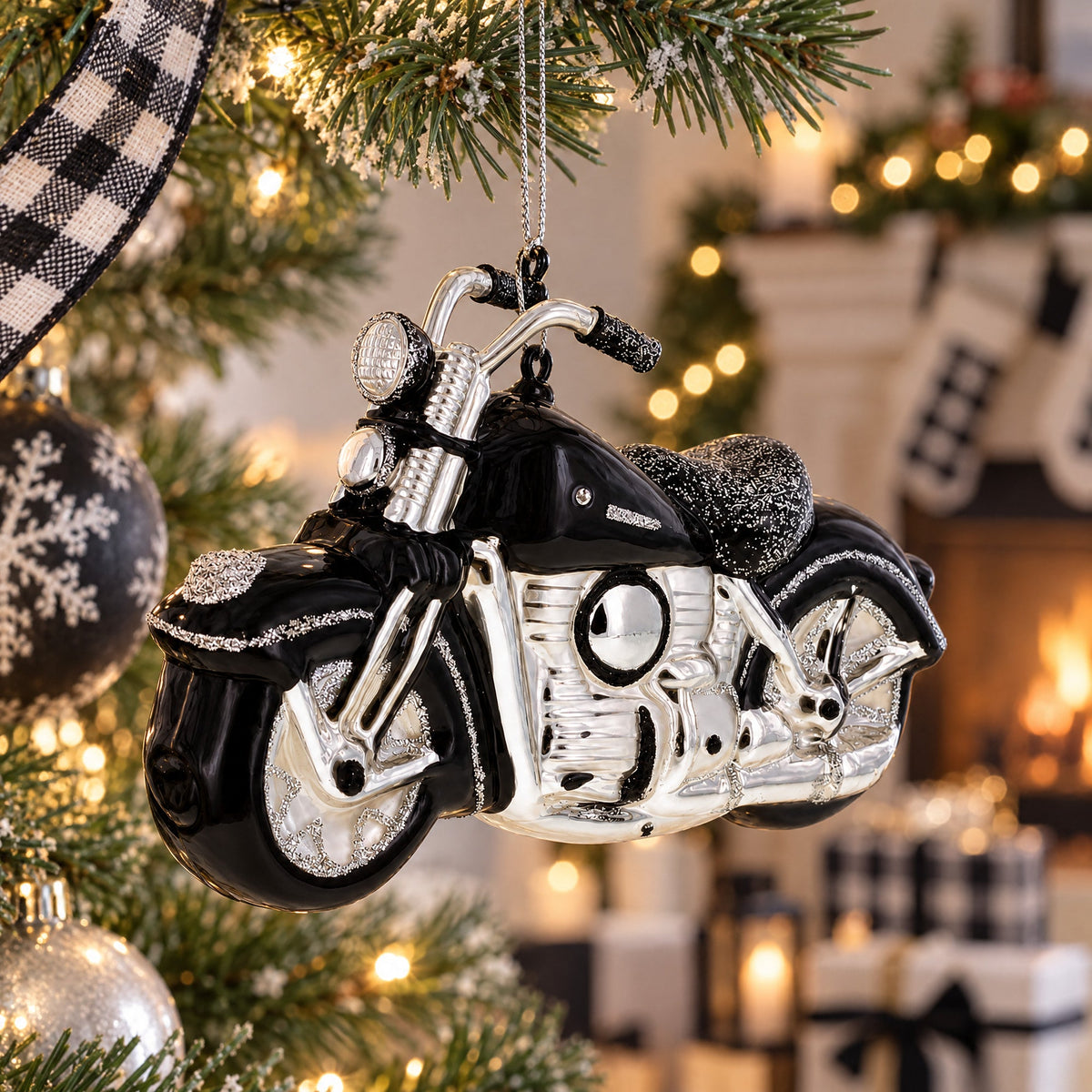 Black & White Motorcycle Glass Christmas Ornament
