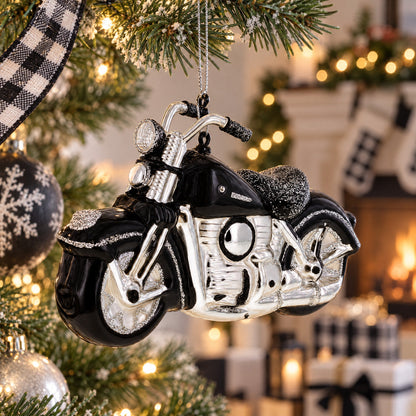 Black & White Motorcycle Glass Christmas Ornament