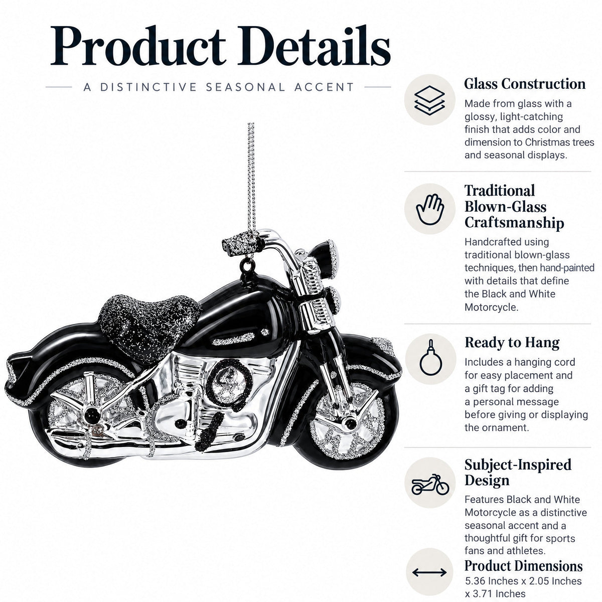 Black & White Motorcycle Glass Christmas Ornament
