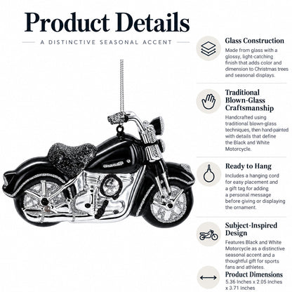 Black & White Motorcycle Glass Christmas Ornament
