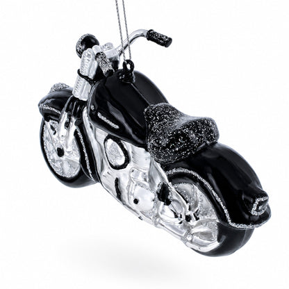 Black & White Motorcycle Glass Christmas Ornament
