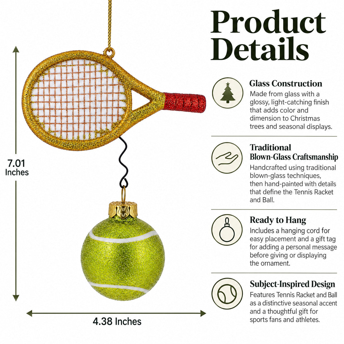 Tennis Racket and Ball Glass Christmas Ornament