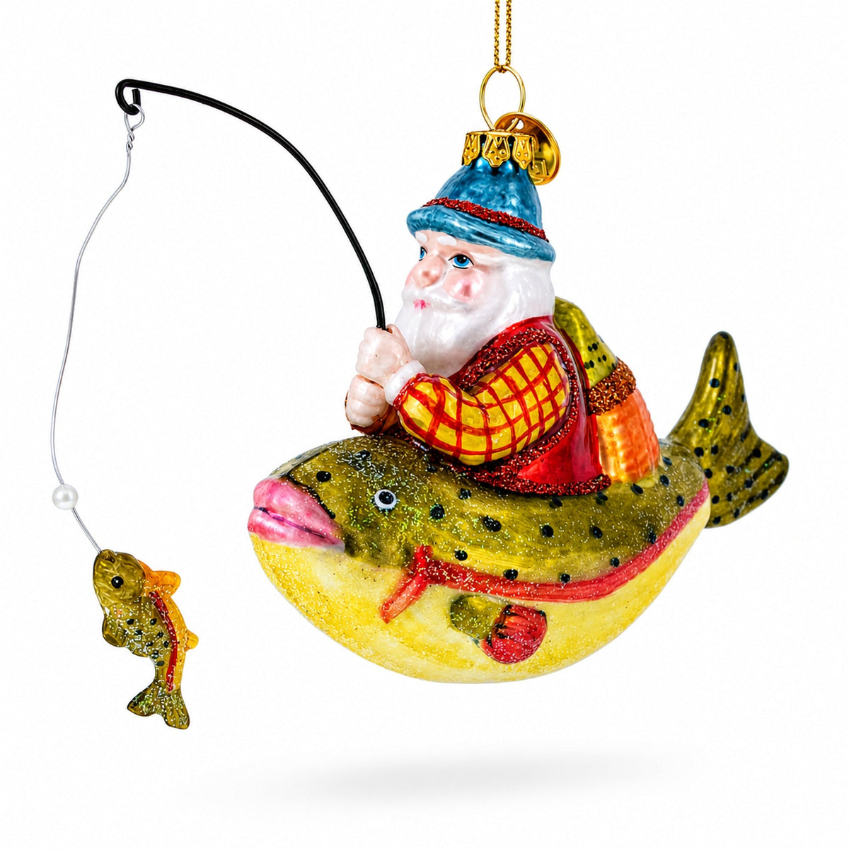 Santa Fishing on Boat Glass Christmas Ornament
