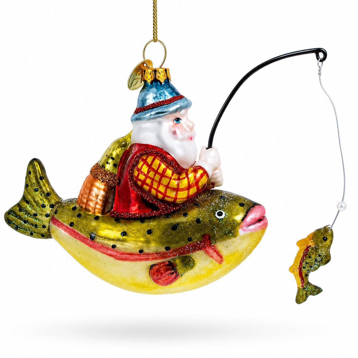 Santa Fishing on Boat Glass Christmas Ornament