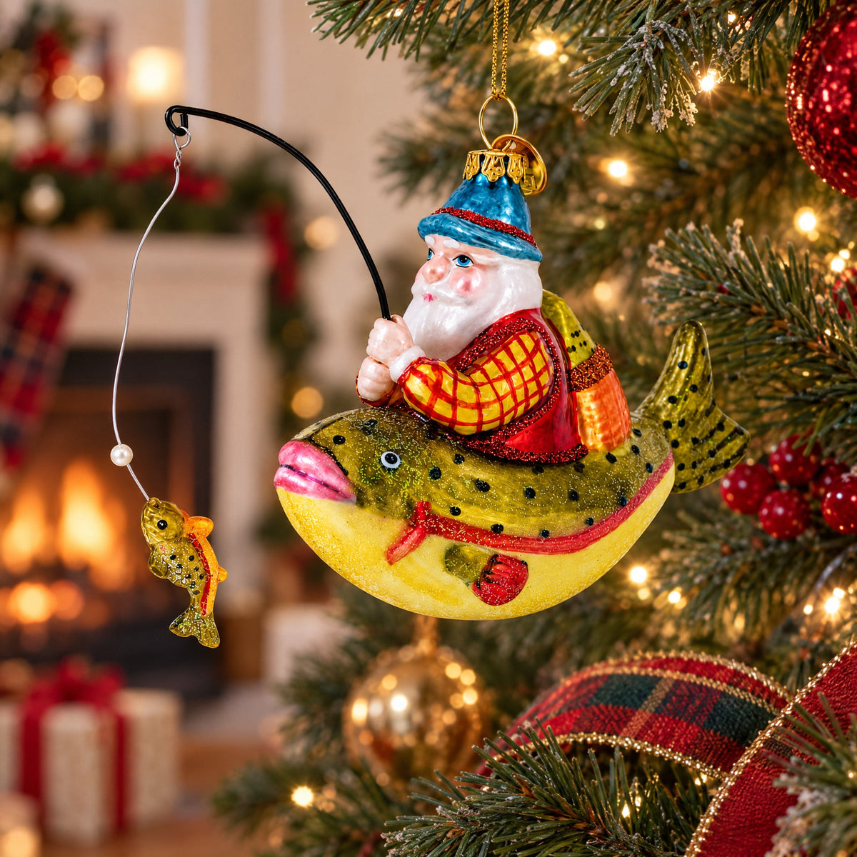 Santa Fishing on Boat Glass Christmas Ornament
