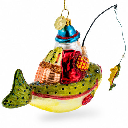 Santa Fishing on Boat Glass Christmas Ornament