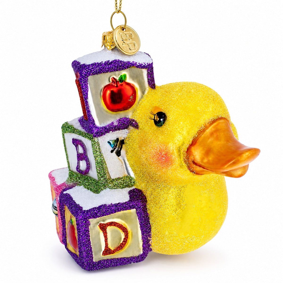 Educational Yellow Duck with ABC Blocks Glass Christmas Ornament