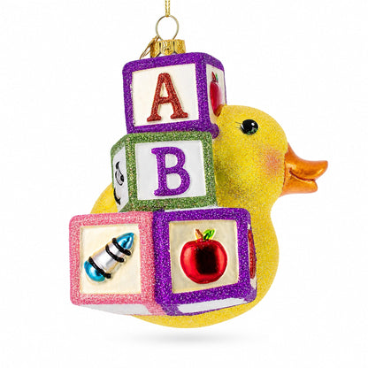 Educational Yellow Duck with ABC Blocks Glass Christmas Ornament