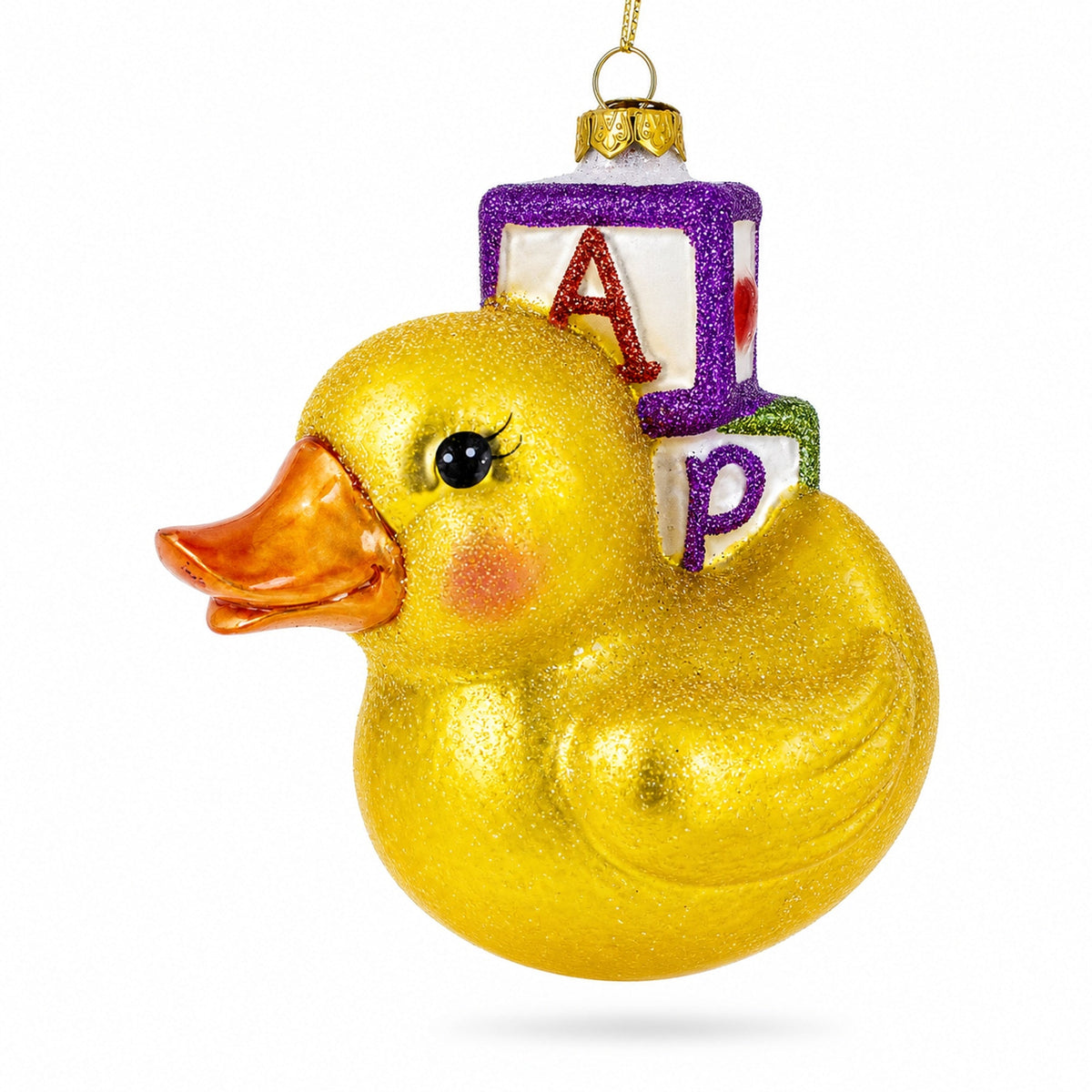 Educational Yellow Duck with ABC Blocks Glass Christmas Ornament