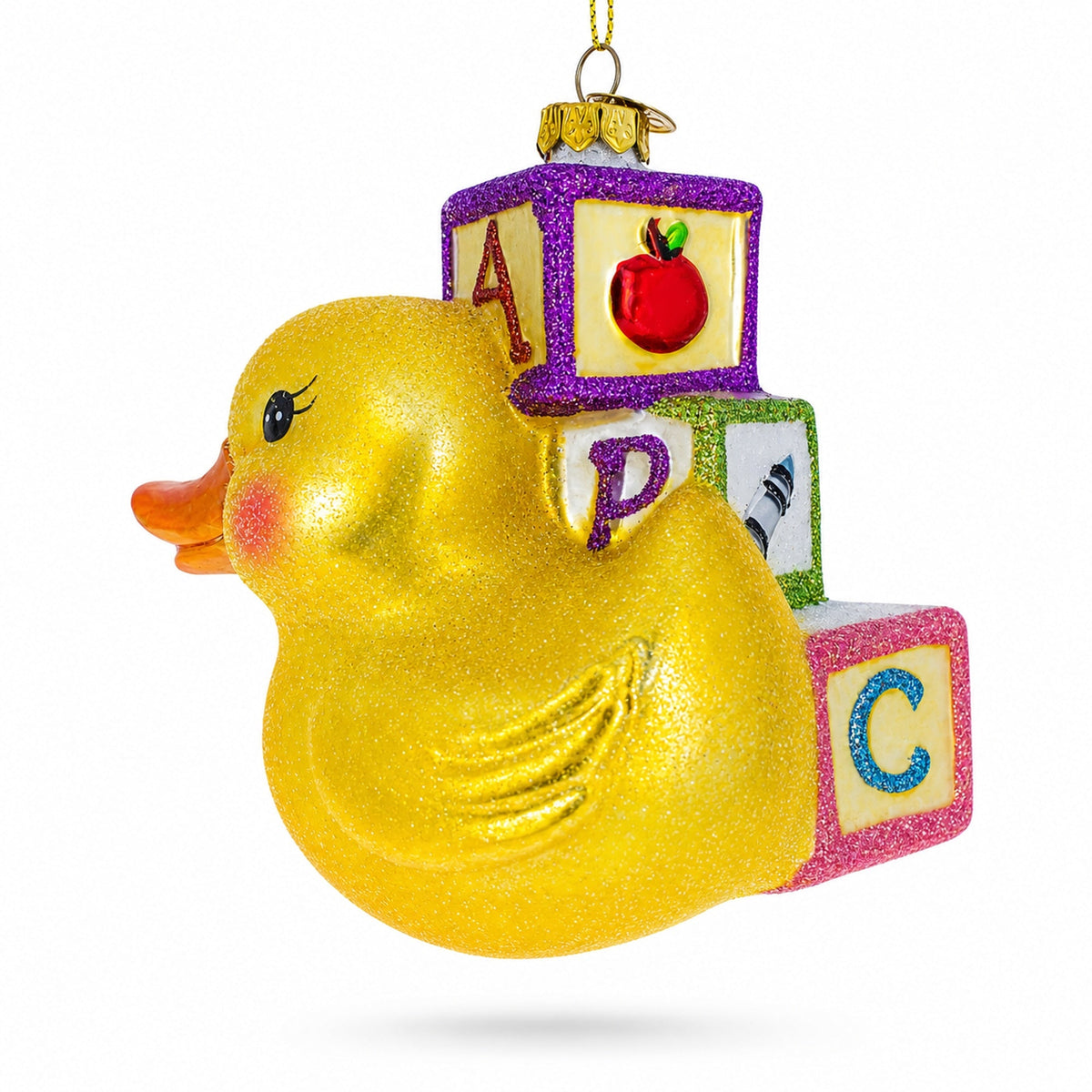 Educational Yellow Duck with ABC Blocks Glass Christmas Ornament