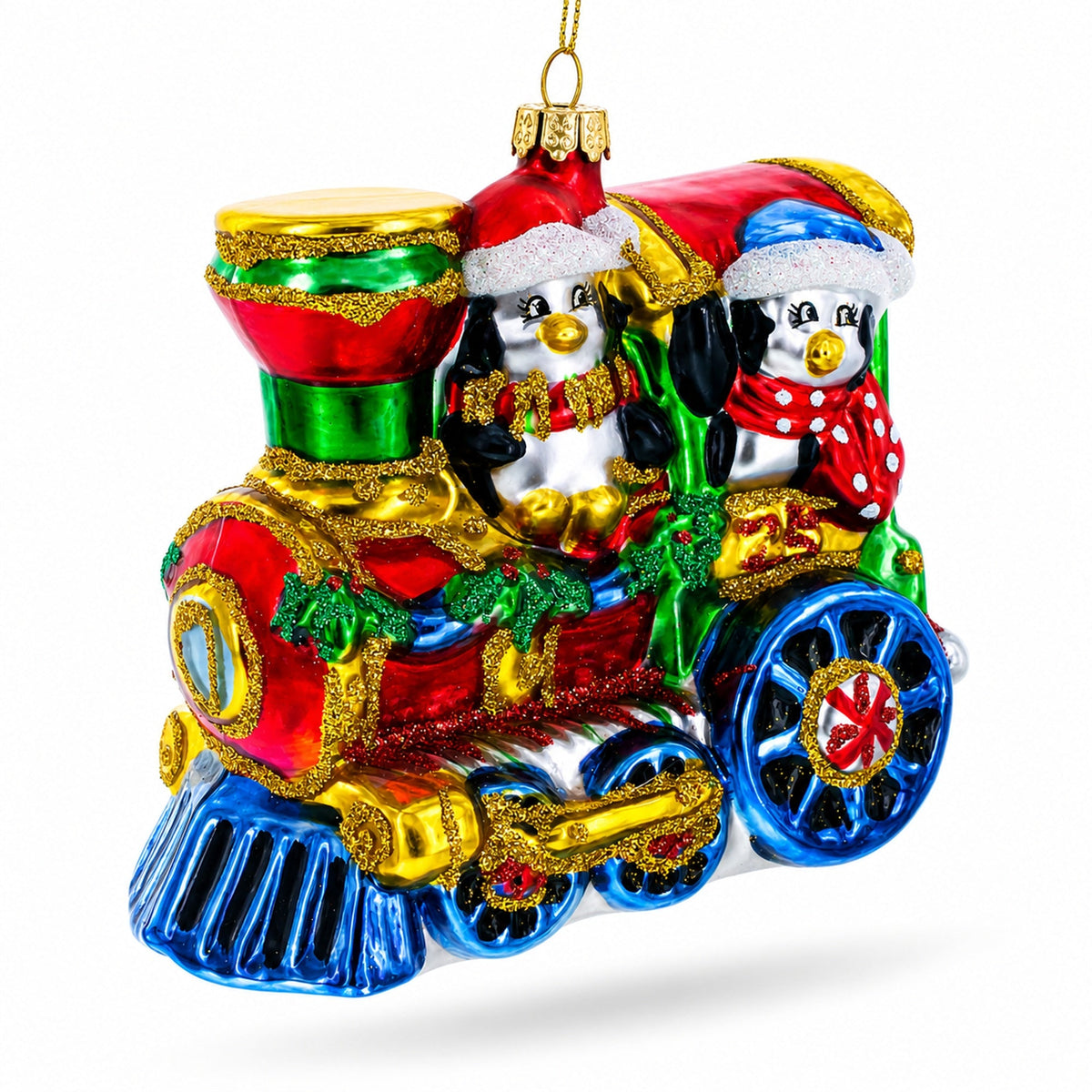 Playful Penguins Riding Train Glass Christmas Ornament