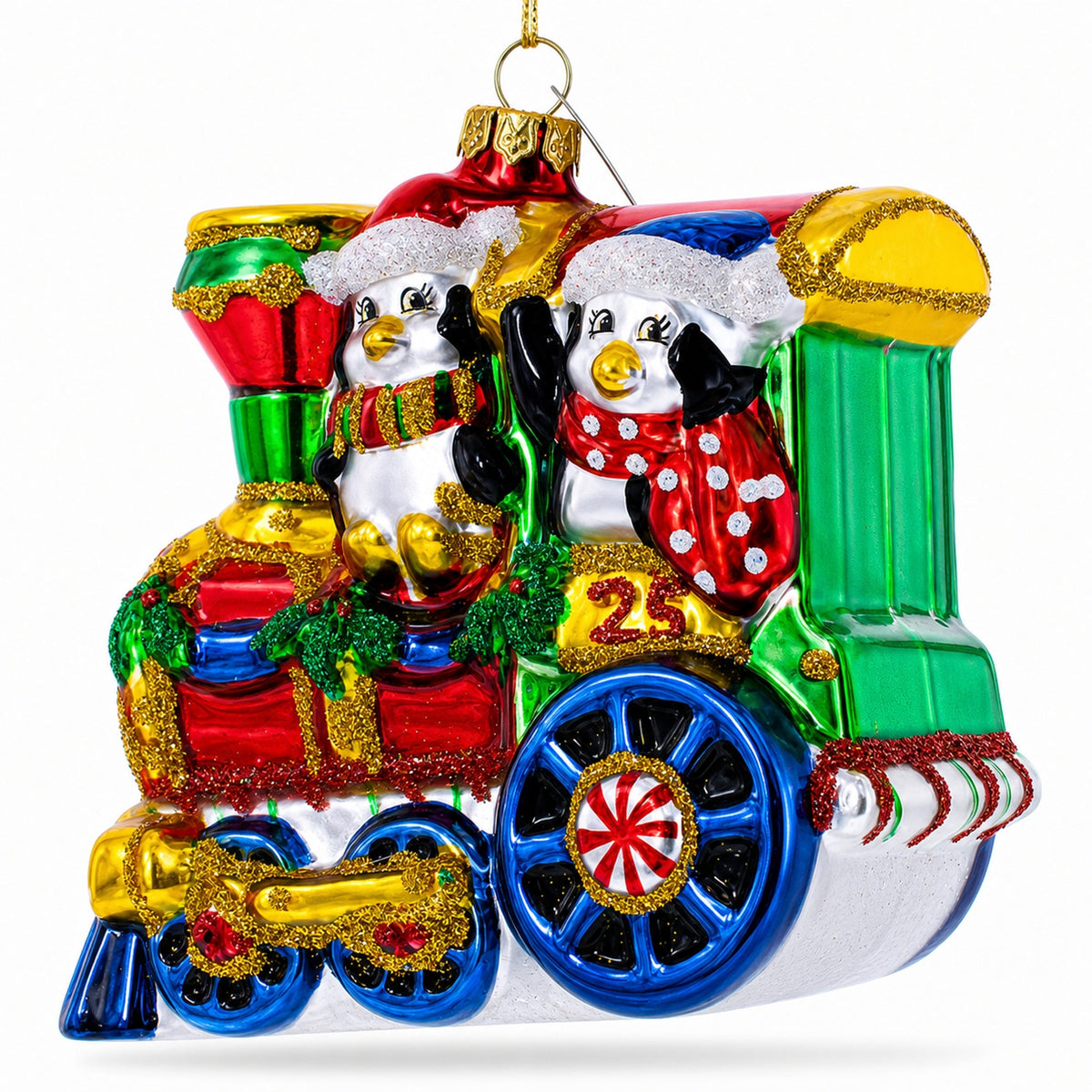 Playful Penguins Riding Train Glass Christmas Ornament