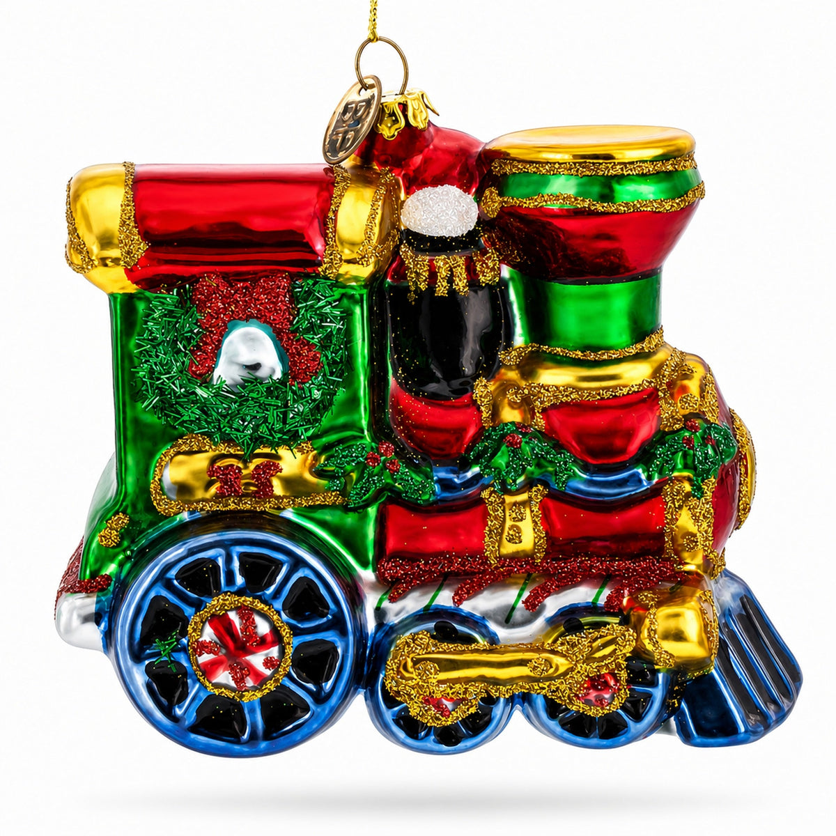 Playful Penguins Riding Train Glass Christmas Ornament