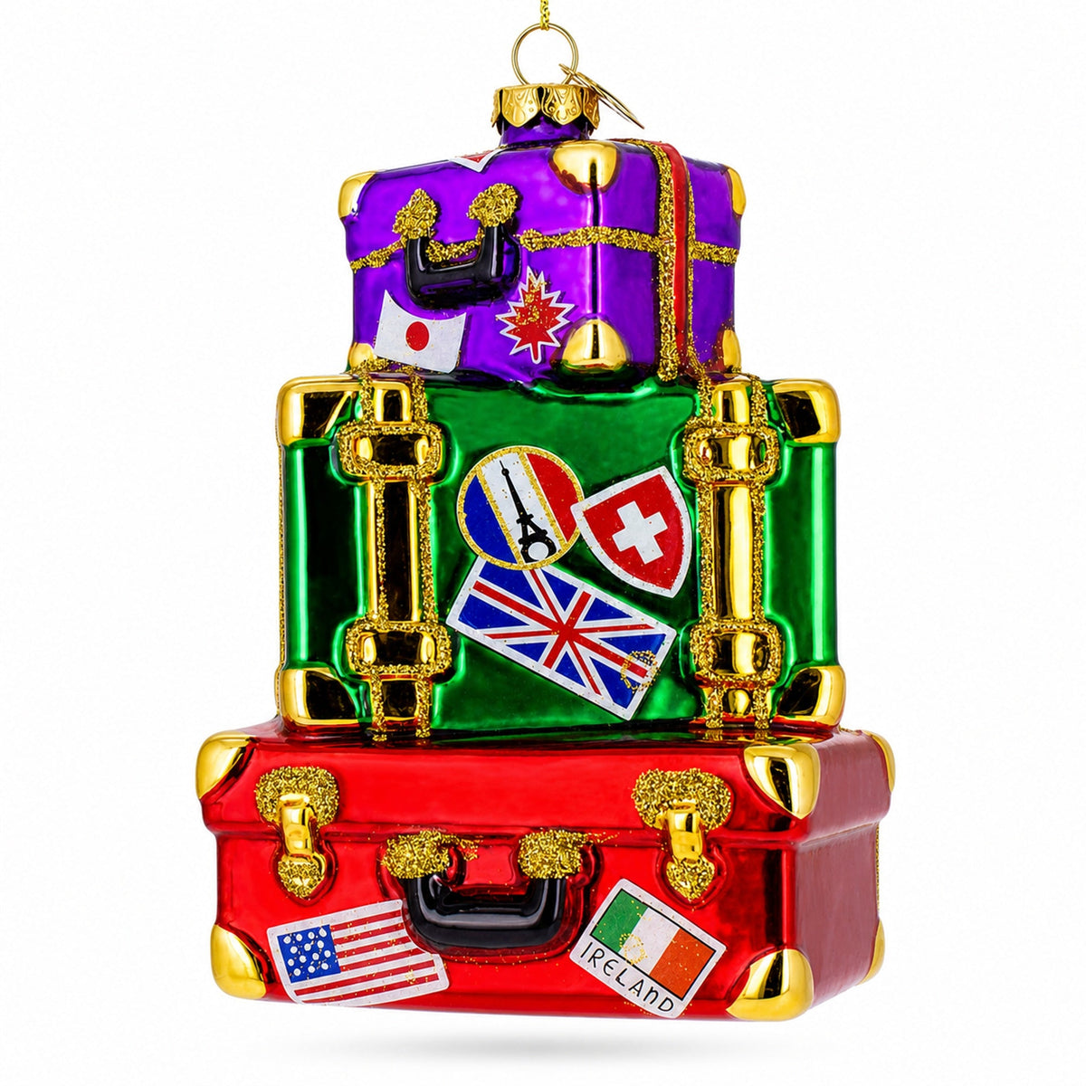 Vintage-Inspired Luggage with Travel Stickers Glass Christmas Ornament