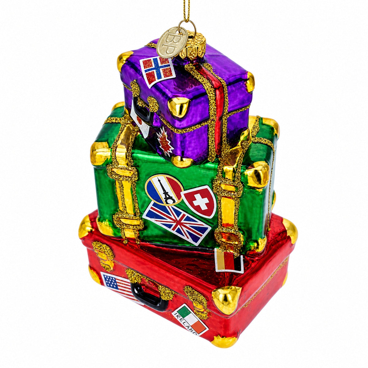 Vintage-Inspired Luggage with Travel Stickers Glass Christmas Ornament