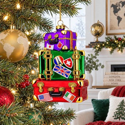Vintage-Inspired Luggage with Travel Stickers Glass Christmas Ornament