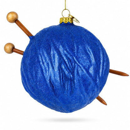 Blue Yarn Ball and Sticks Glass Christmas Ornament
