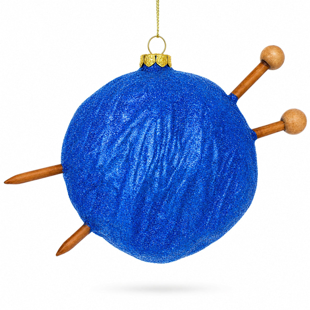 Blue Yarn Ball and Sticks Glass Christmas Ornament