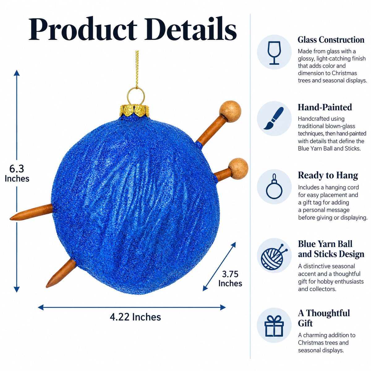 Blue Yarn Ball and Sticks Glass Christmas Ornament