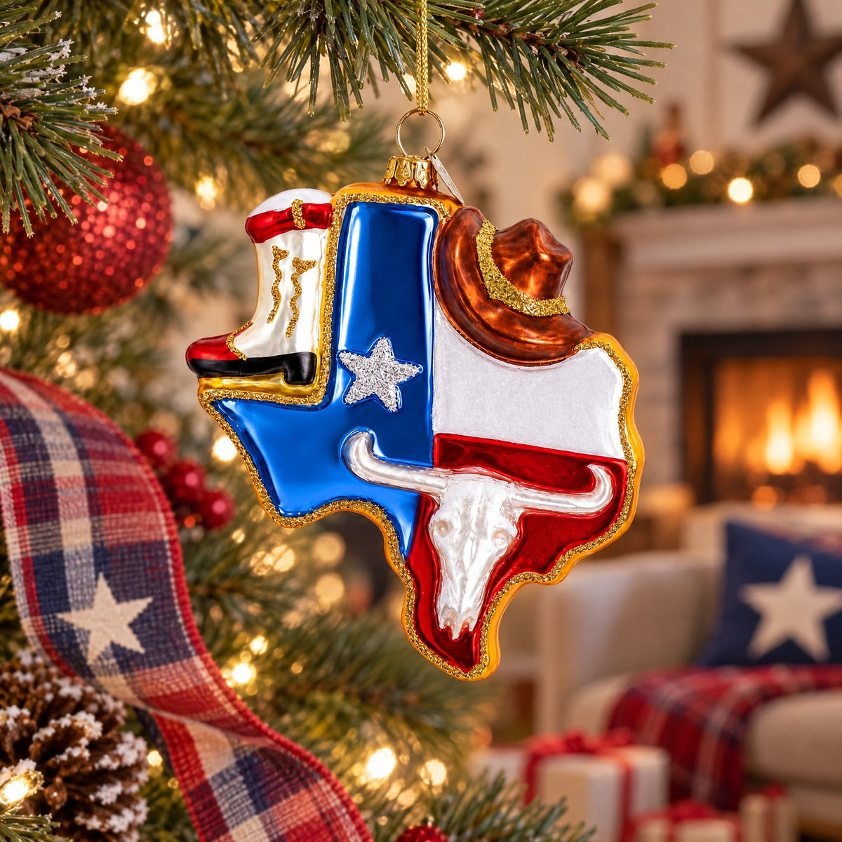 State of Texas Symbols, USA Glass Christmas Ornament
