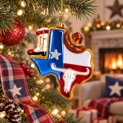 State of Texas Symbols, USA Glass Christmas Ornament