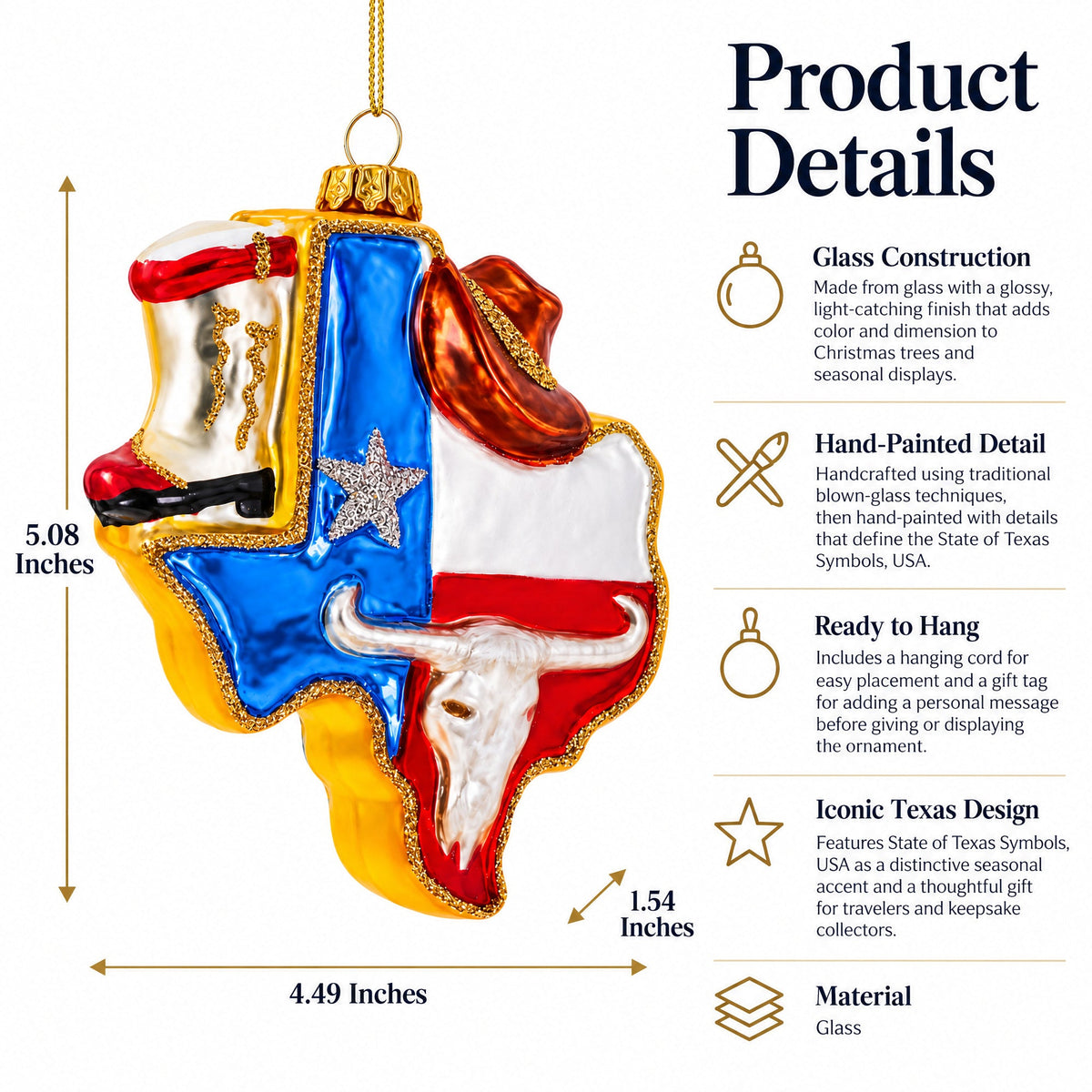 State of Texas Symbols, USA Glass Christmas Ornament