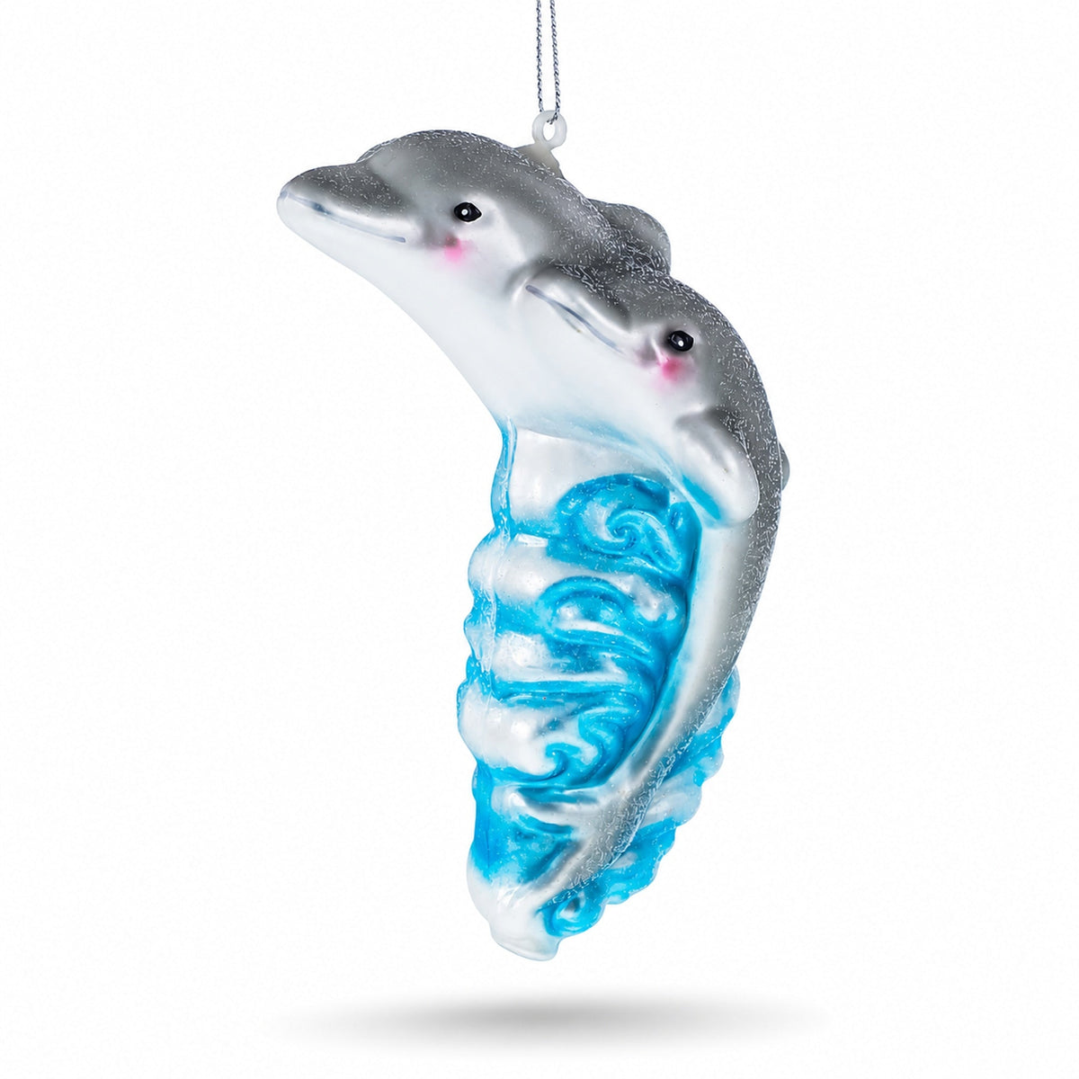 Dolphin Riding the Wave Glass Christmas Ornament