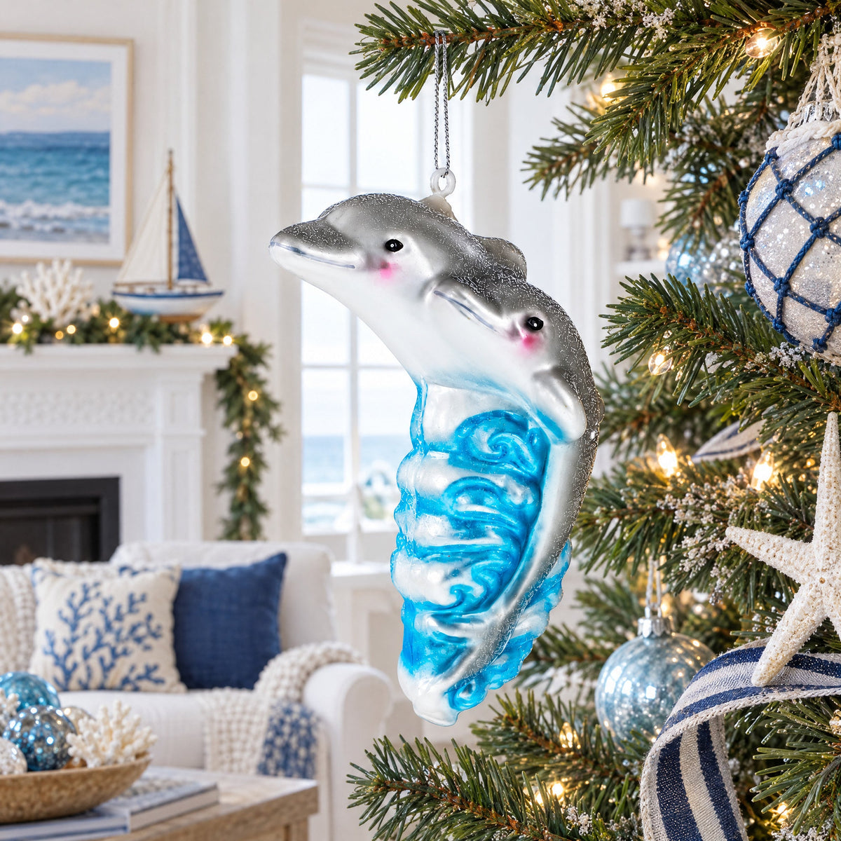 Dolphin Riding the Wave Glass Christmas Ornament