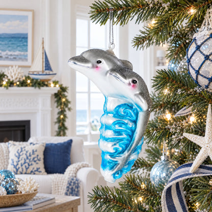 Dolphin Riding the Wave Glass Christmas Ornament