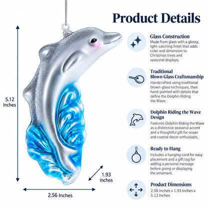Dolphin Riding the Wave Glass Christmas Ornament