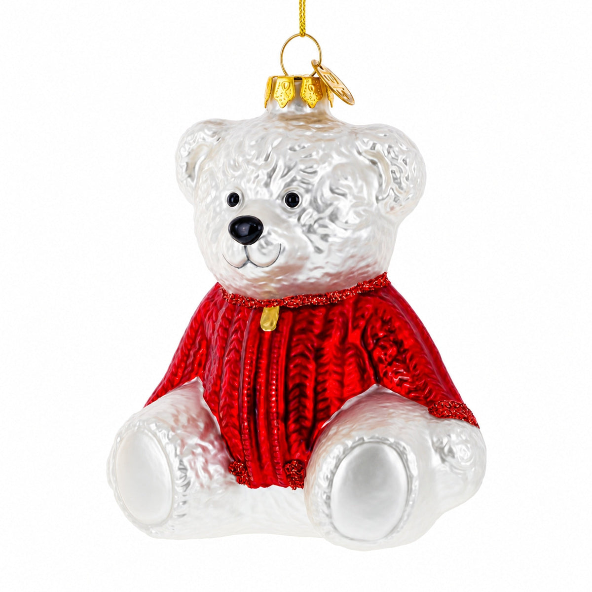 White Teddy Bear in Red Sweater Glass Christmas Ornament