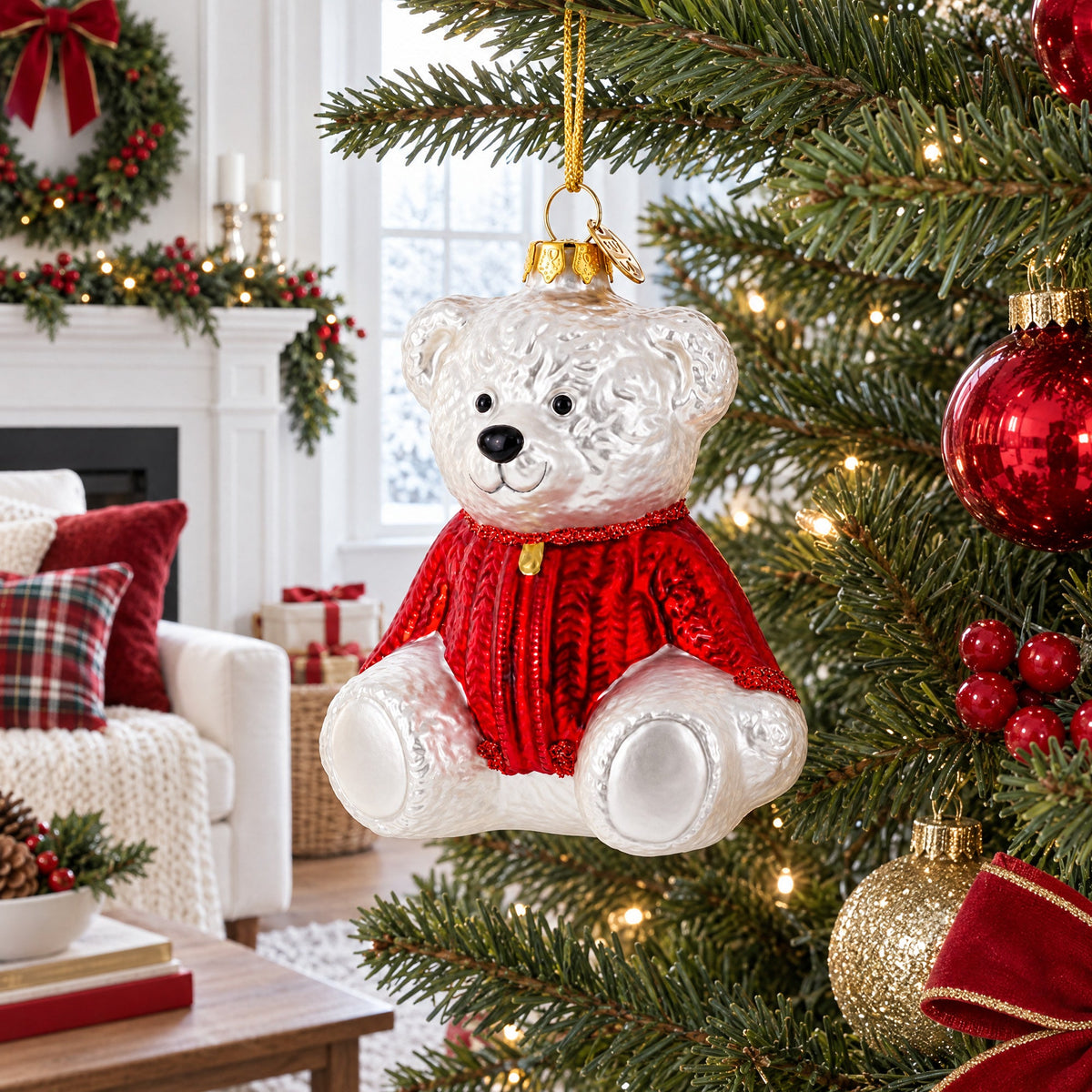 White Teddy Bear in Red Sweater Glass Christmas Ornament