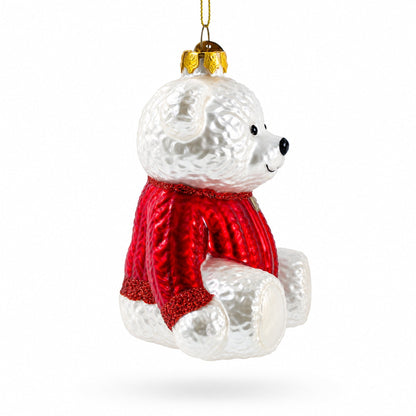 White Teddy Bear in Red Sweater Glass Christmas Ornament