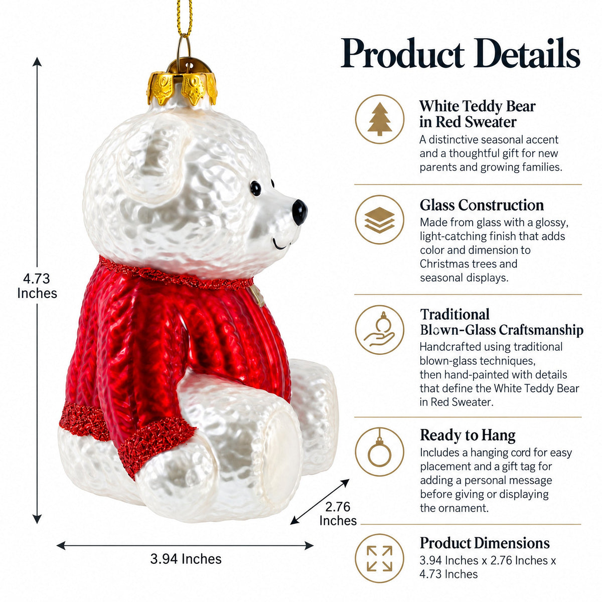 White Teddy Bear in Red Sweater Glass Christmas Ornament