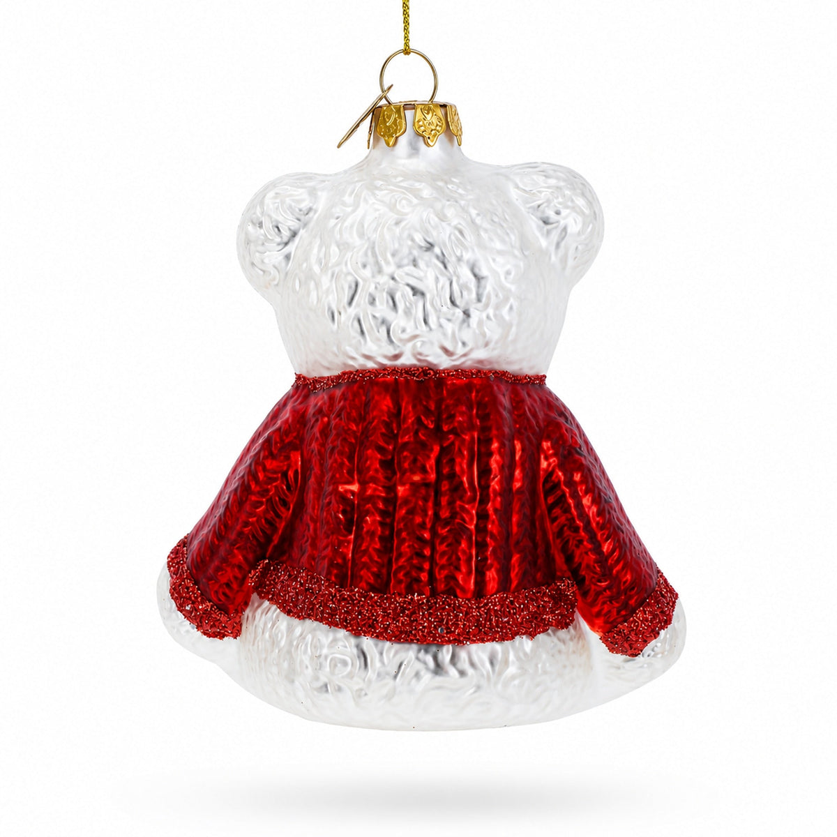 White Teddy Bear in Red Sweater Glass Christmas Ornament