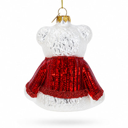 White Teddy Bear in Red Sweater Glass Christmas Ornament