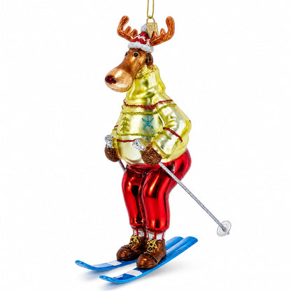 Reindeer Skiing Glass Christmas Ornament