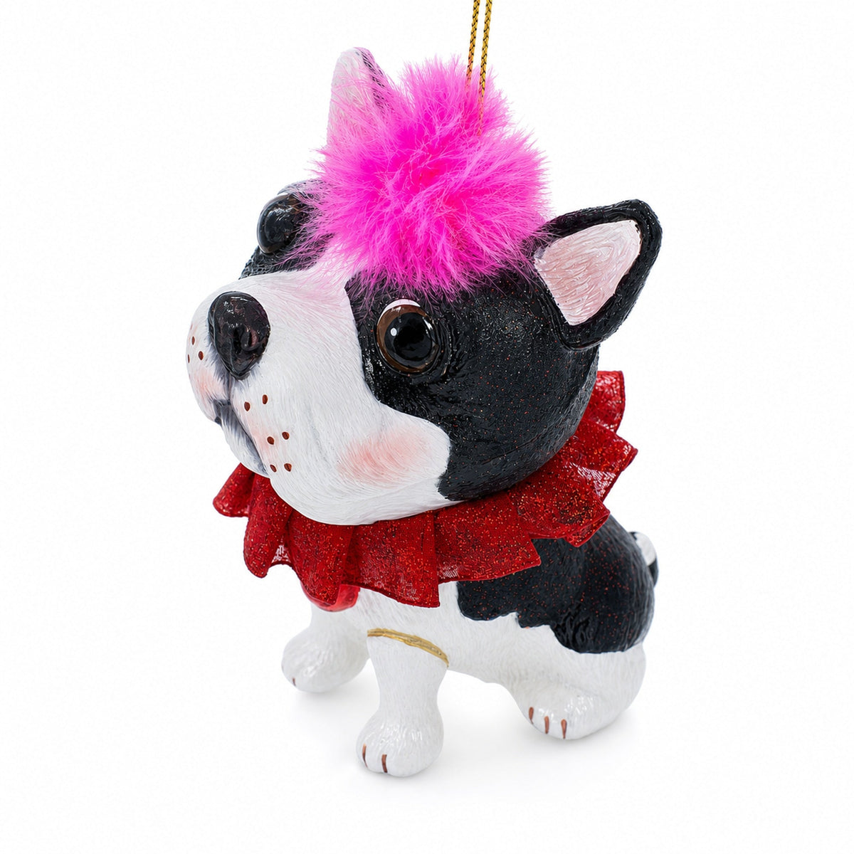 Boston Terrier with Pink Feather Glass Christmas Ornament
