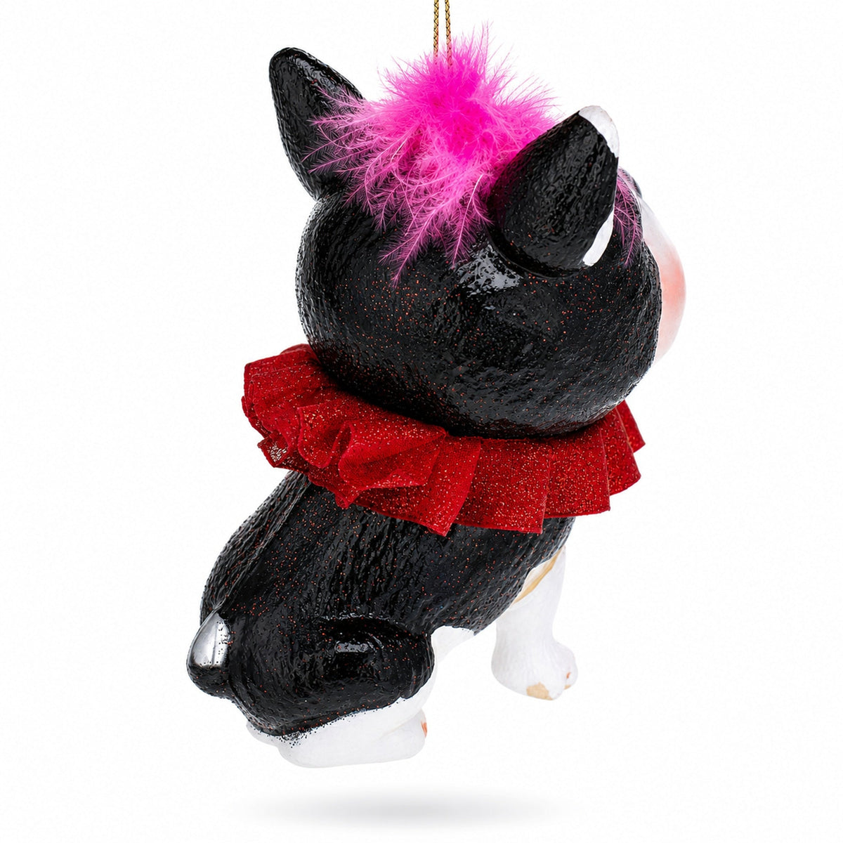 Boston Terrier with Pink Feather Glass Christmas Ornament