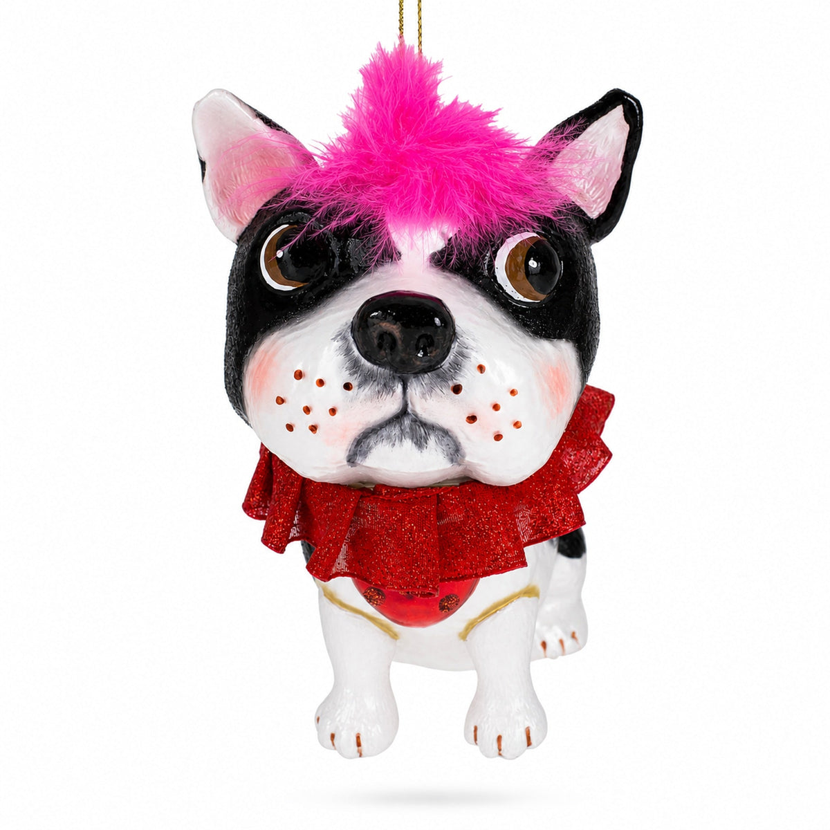 Boston Terrier with Pink Feather Glass Christmas Ornament