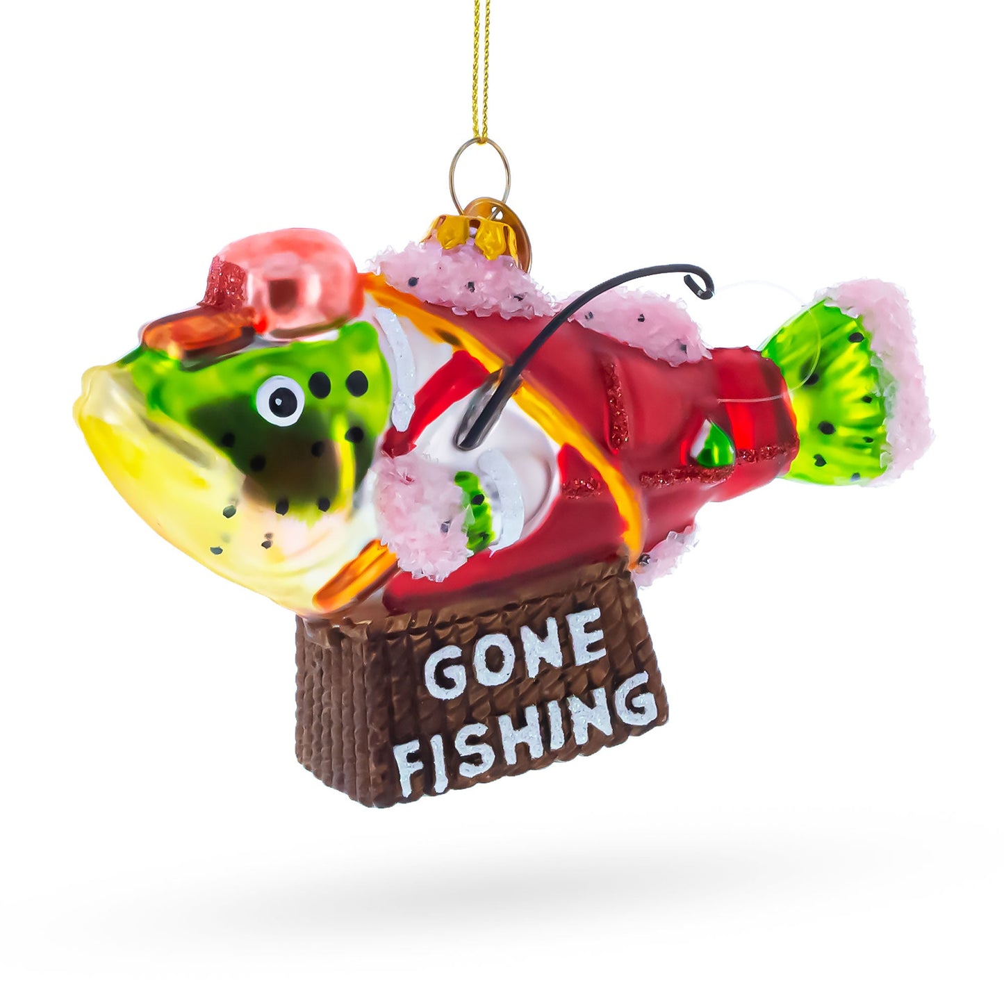 Fish in Hat Gone Fishing Glass Christmas Ornament
